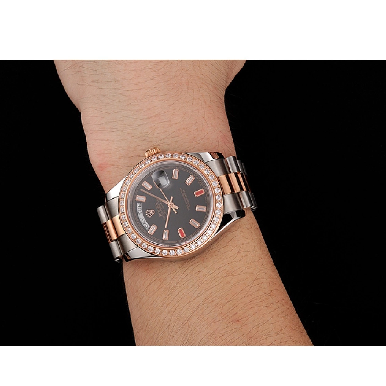 Aaa replica watch 1454106 Rolex Gold Dial And Black Day-Date Rubies Diamonds Swiss Staineless And Rose Steel Bracelet 0629